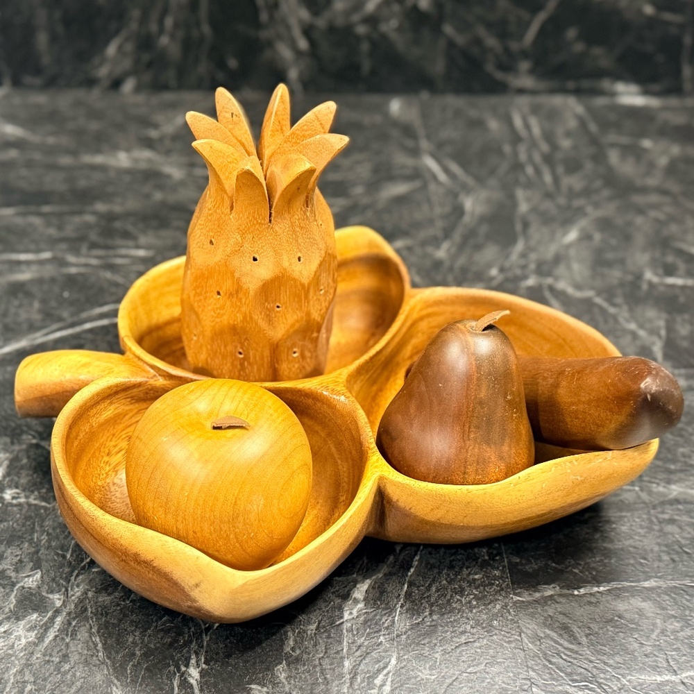HARRY’S CABINET & CURIO Monkey Pod Wood Bowl with Wood Fruit